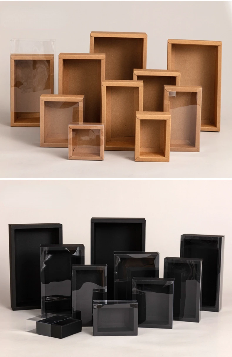 Scatola di imballaggio in carta Kraft da 10 pezzi con finestra in PVC trasparente scatola regalo con Display a cassetto delicato nero scatole per dolci caramelle per biscotti da sposa  15