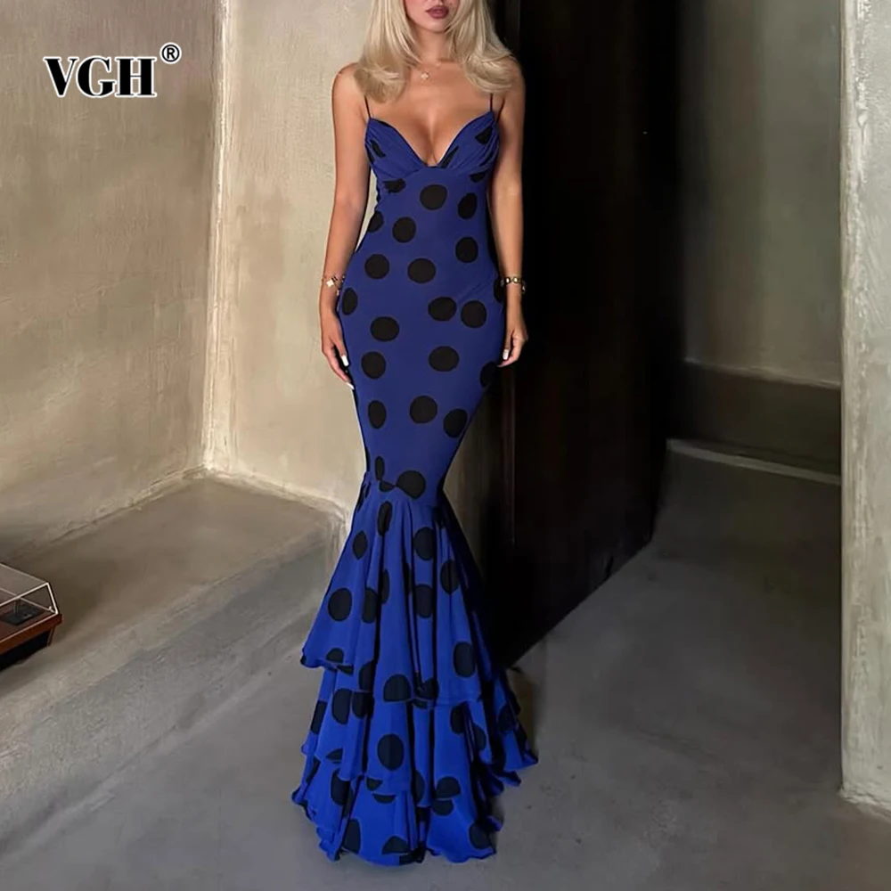 

VGH Sexy Slimming Printing Dinner Long Dresses For Women Square Collar Sleeveless High Waist Casual Dress Female Fashion Style