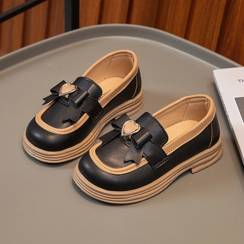 2024 New Girls Loafers Cute Bow Fashion Kids Leather Shoes Slip-on Bow Non-slip Children Casual Shoes Drop Shipping Round-toe