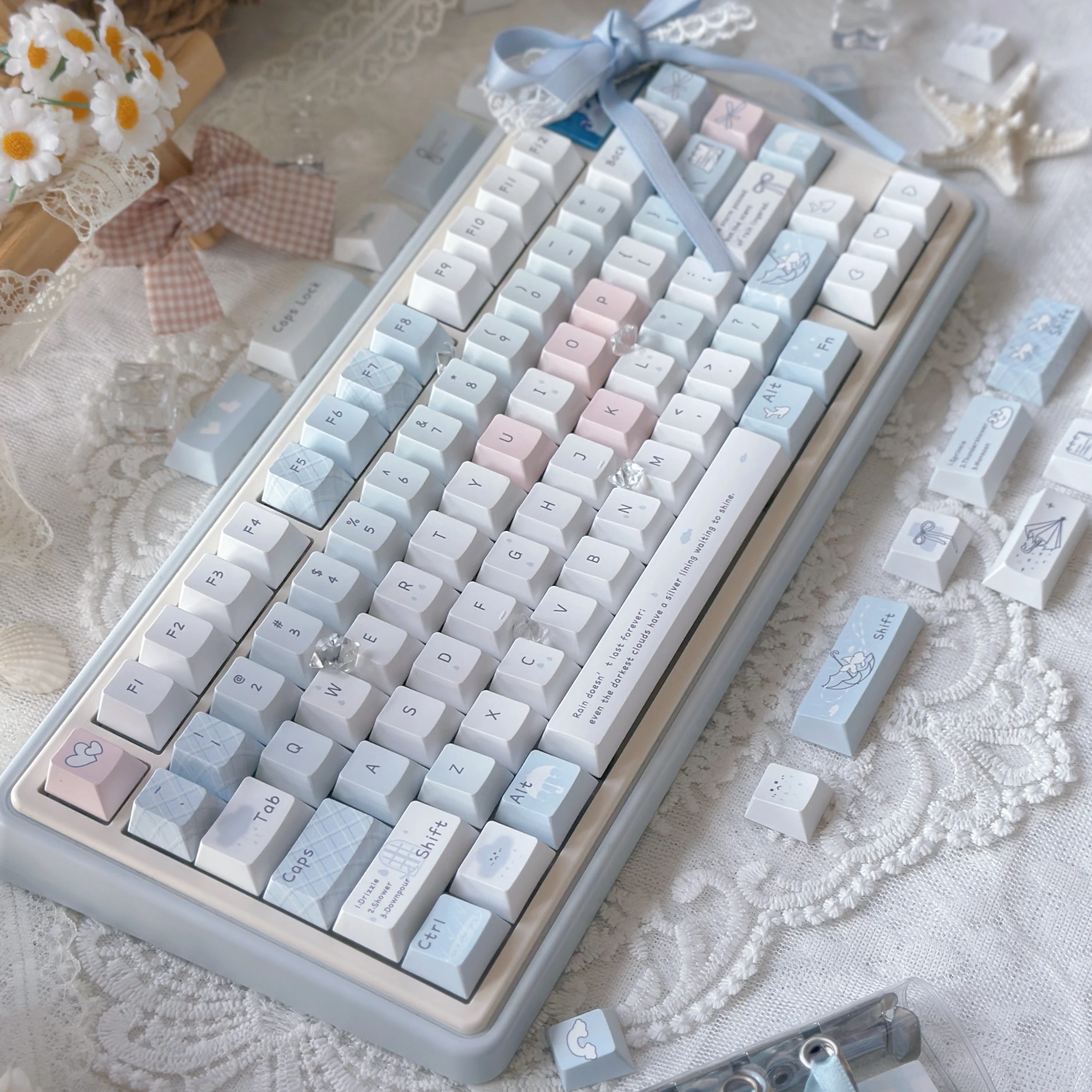 

Keycaps Blue Rain Cherry Pbt Sublimation Personality Cute Keyboard Blue Keycaps 130Keys