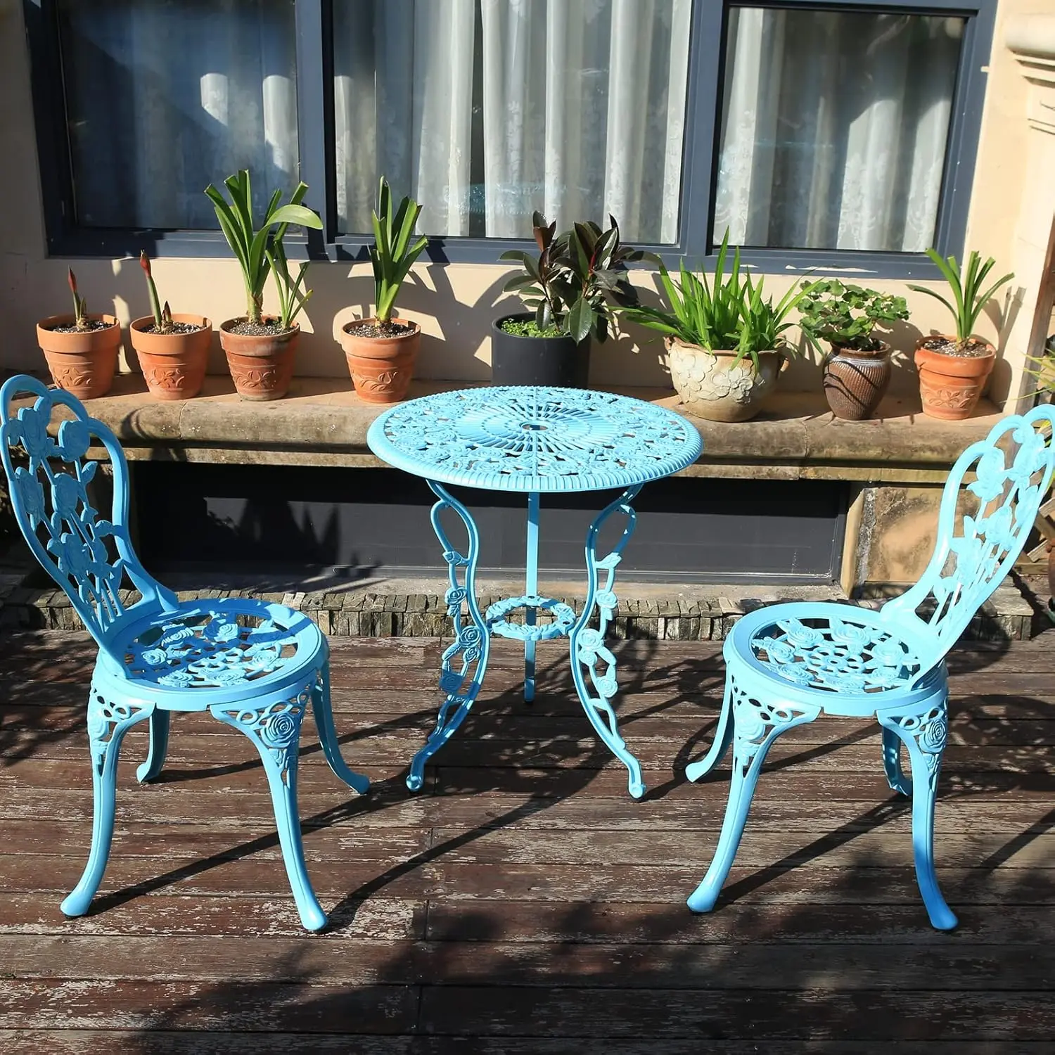 Outdoor Furniture Bistro Set with Rose Pattern 1 Table 2 Chairs for Garden Patio Porch (Rose-Light Blue)