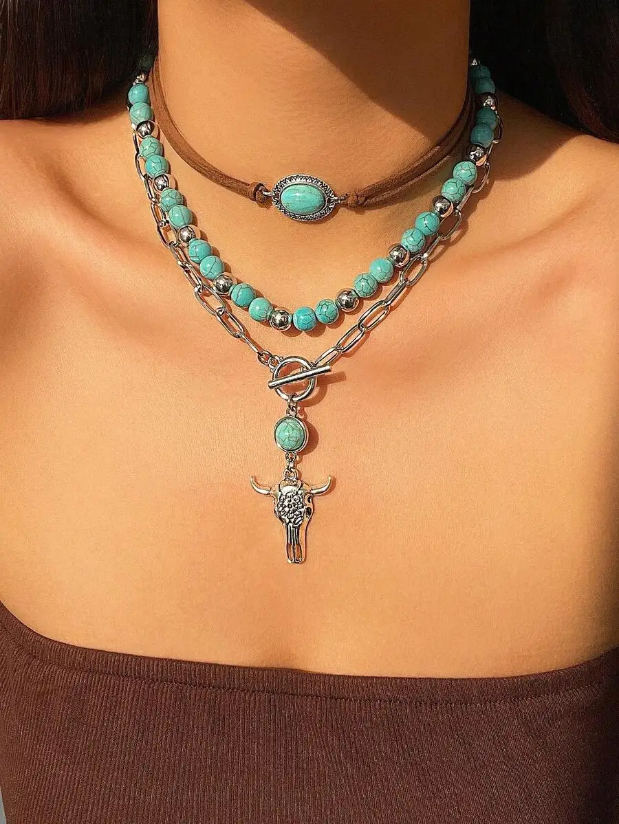 Bohemian Turquoise Beaded Necklace Set with Bull Head
