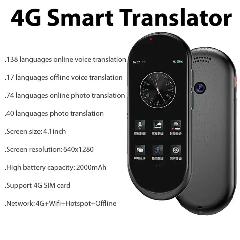 مترجم صوتي A10 4.1 بوصة دردشة GPT متعدد اللغات 4G SIM جهاز ترجمة ذكي في الوقت الحقيقي لمتعلم السفر العالمي