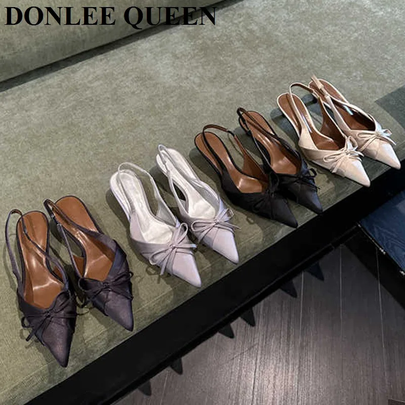 

2024, брендовые сандалии с открытой пяткой и бантом, женские туфли на высоком каблуке с вырезом, женские элегантные сандалии на шпильке с острым носком, шелковый носок, туфли для невесты