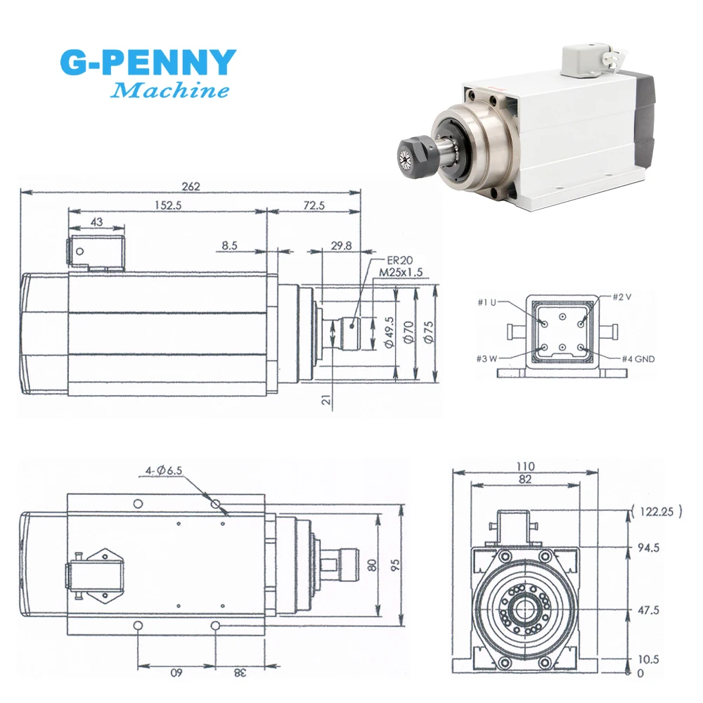 G-Penny 220v/380v 1.5kw ER20 Air Cooled Spindle Motor Air Cooling 4pcs P4 Bearings Square Type With Flange & 1.5kw VFD