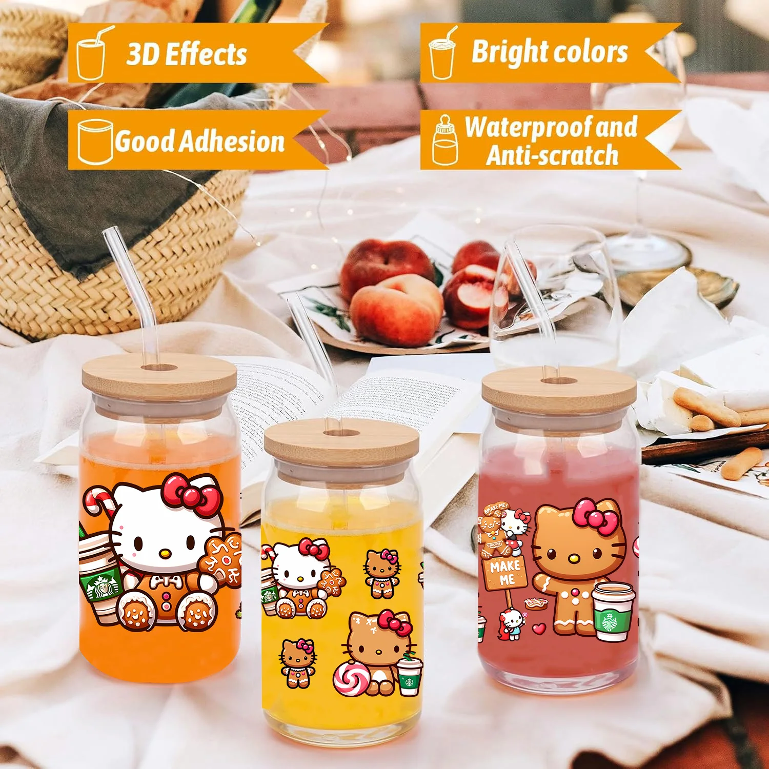 Miniso Hello Kitty Easy Peel wasserfest DIY Aufkleber 3D-Transfers UVDTF Kristallaufkleber 16oz UV DTF Tumbler Cup Wraps Aufkleber