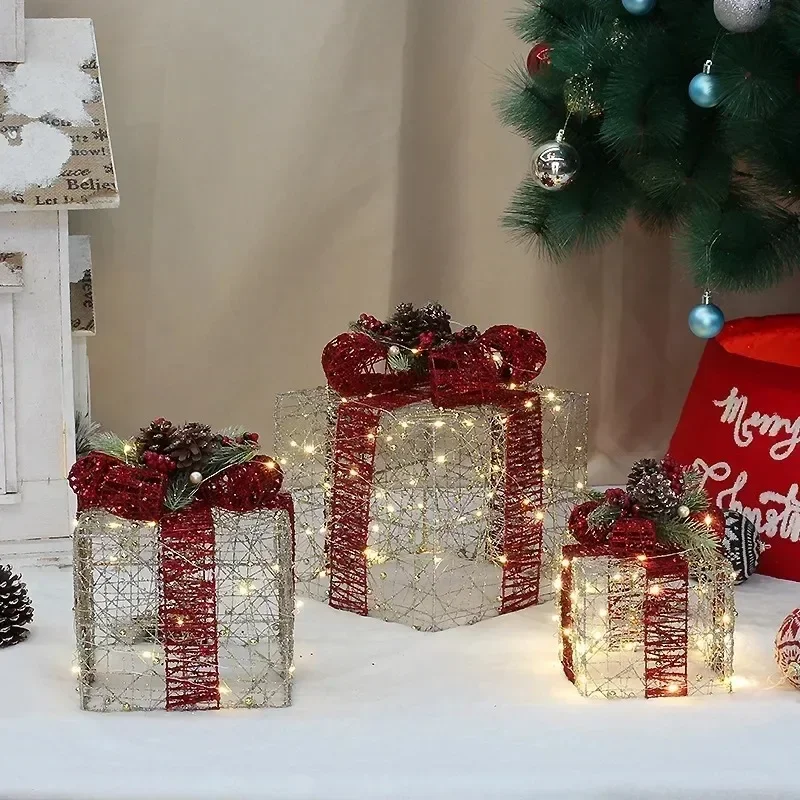 3pcs Christmas Decoration Iron Frame Christmas Gift Box Pile Head Holiday Shopping Window Decoration 2023 New (Without Battery)