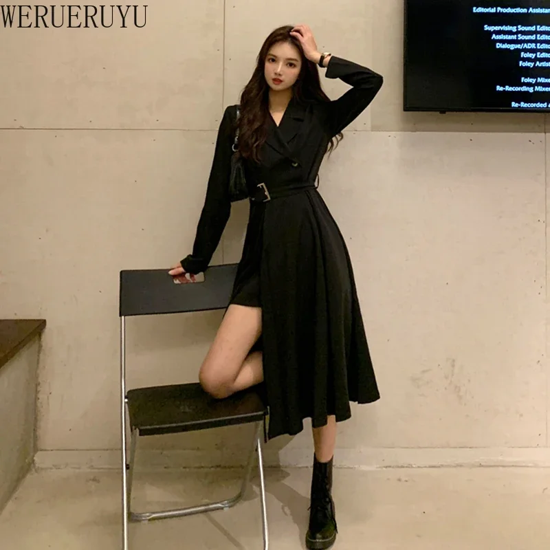 

WERUERUYU 2024 Summer Black Dress Women Slim High Waist Deep V Long Sleeve designer dresses