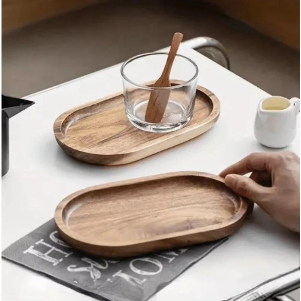 Wooden Tray, Oval Shaped Dining Plate, Insulated Solid Wood Plate, Rectangular Breadboard, Wooden Teacup Pad