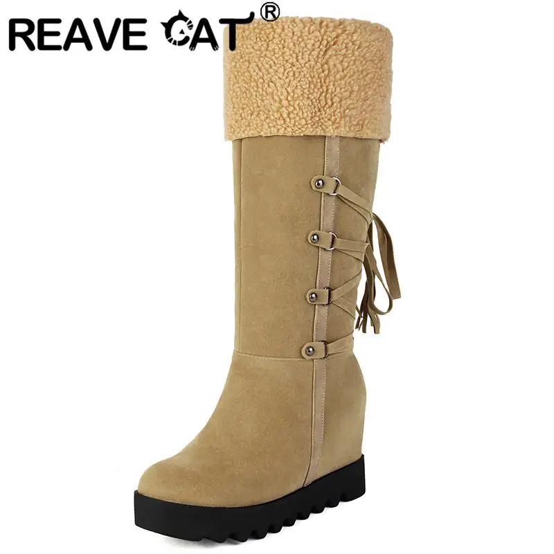 

REAVE CAT 2025 Дизайнерская женская зимняя обувь до колена с круглым носком из флока, замша, увеличенный каблук 8,5 см, большой размер 41 42 43