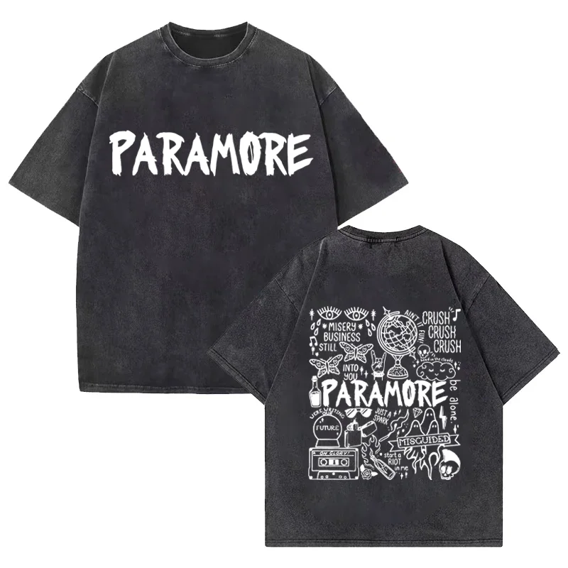 Rock band Paramore Doodle Art 2025 Tour Album Vintage Washed T shirt Men Women's Hip Hop streetwear short sleeve Cotton clothes