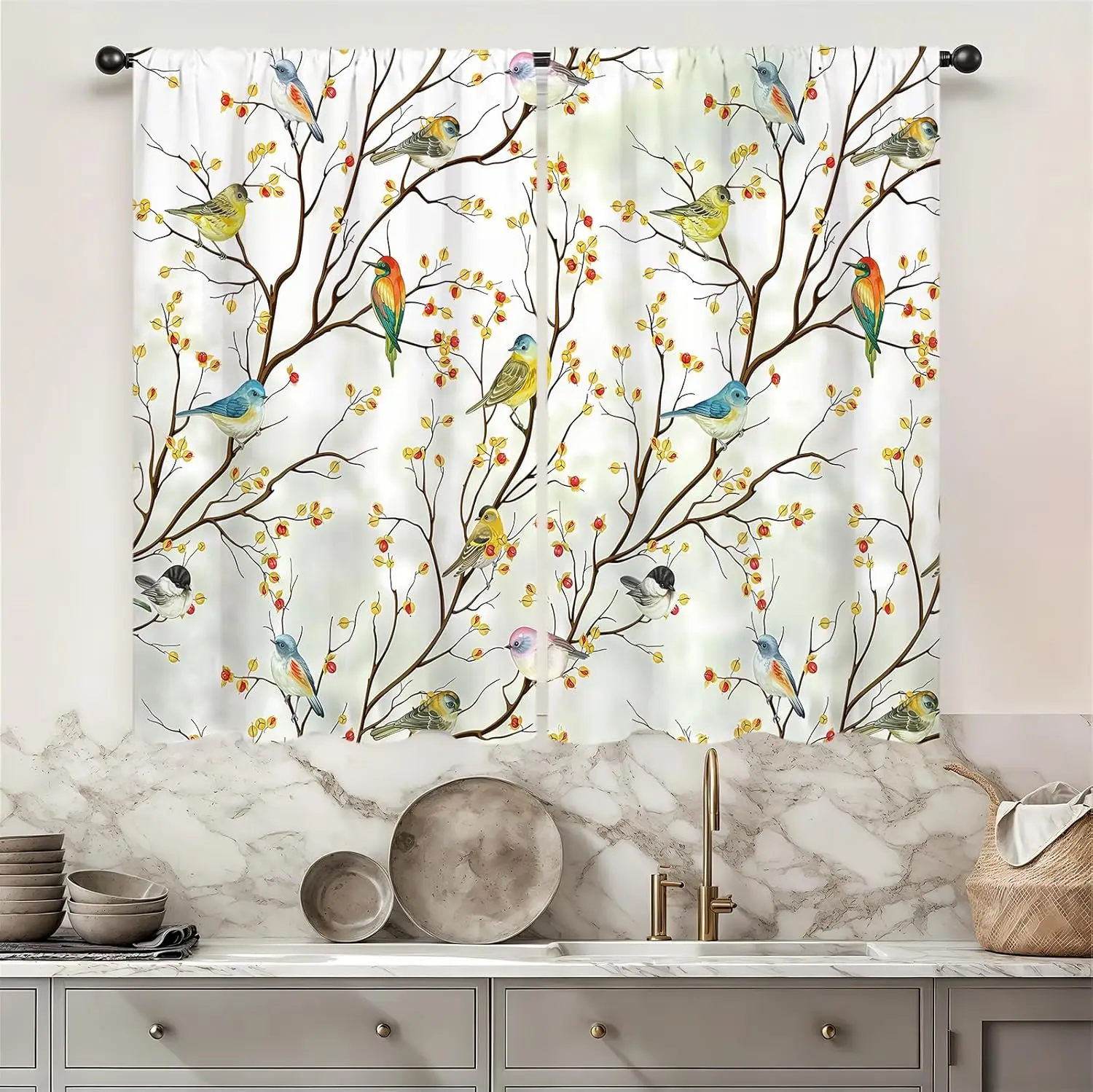 Rustic Tree Branch Hummingbird Cafe Curtains, Nature Spring Leaf 2 Panels Rod Pocket Short Tier Drapes for Kitchen Bathroom