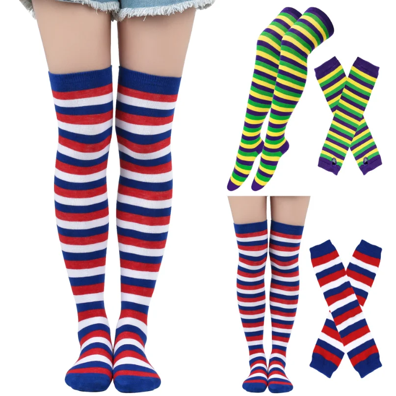 Womens Stockings Arm Sleeve Gloves Set Striped Thigh High Socks Ladies Girls Black White Long Over Above Knee Socks Lolita 2024