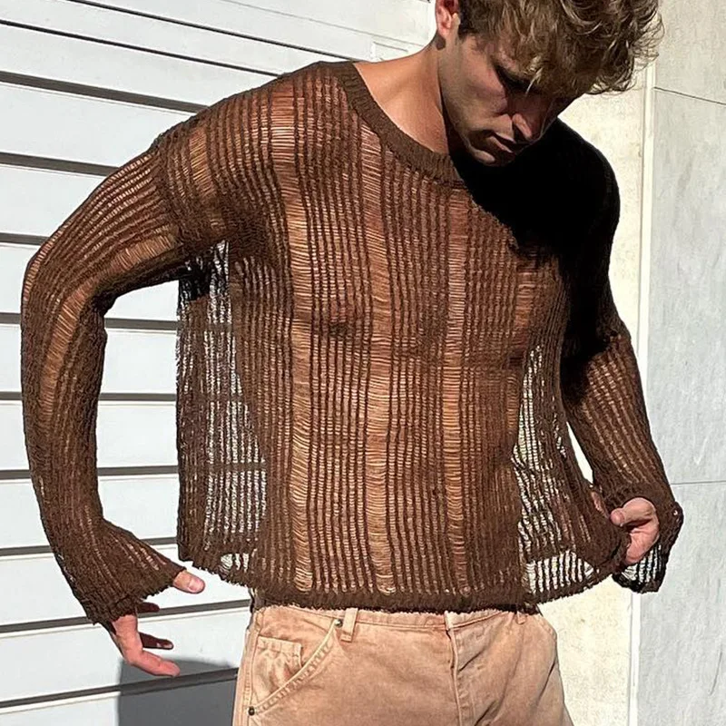 New Arrivals 2022 Autumn Sexy Hollow Mesh Knit T-shirts Men Streetwear Pullovers Solid Long Sleeve Crew Neck Tees Mens Clothing