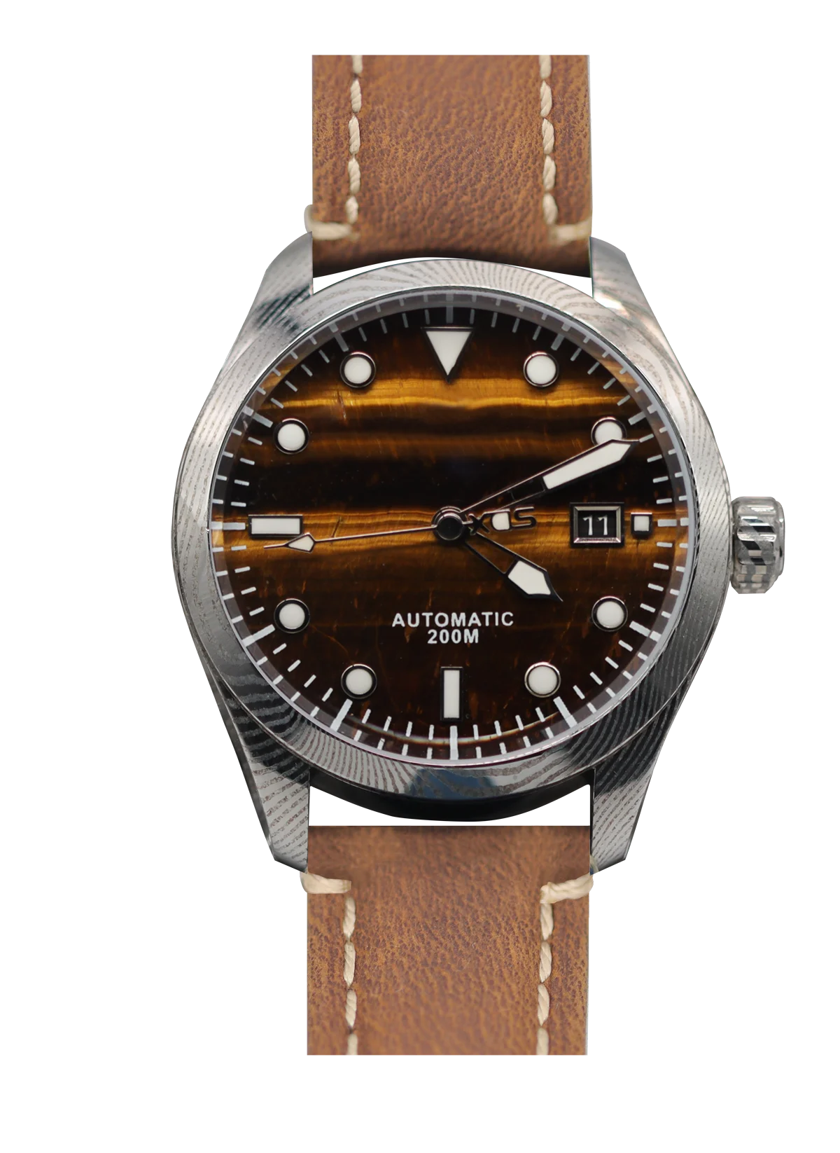 Sapphire glass   MOP/Meteorite/Mosaic Damascus dial  automatic Damascus/Mokume customized diving watch for men