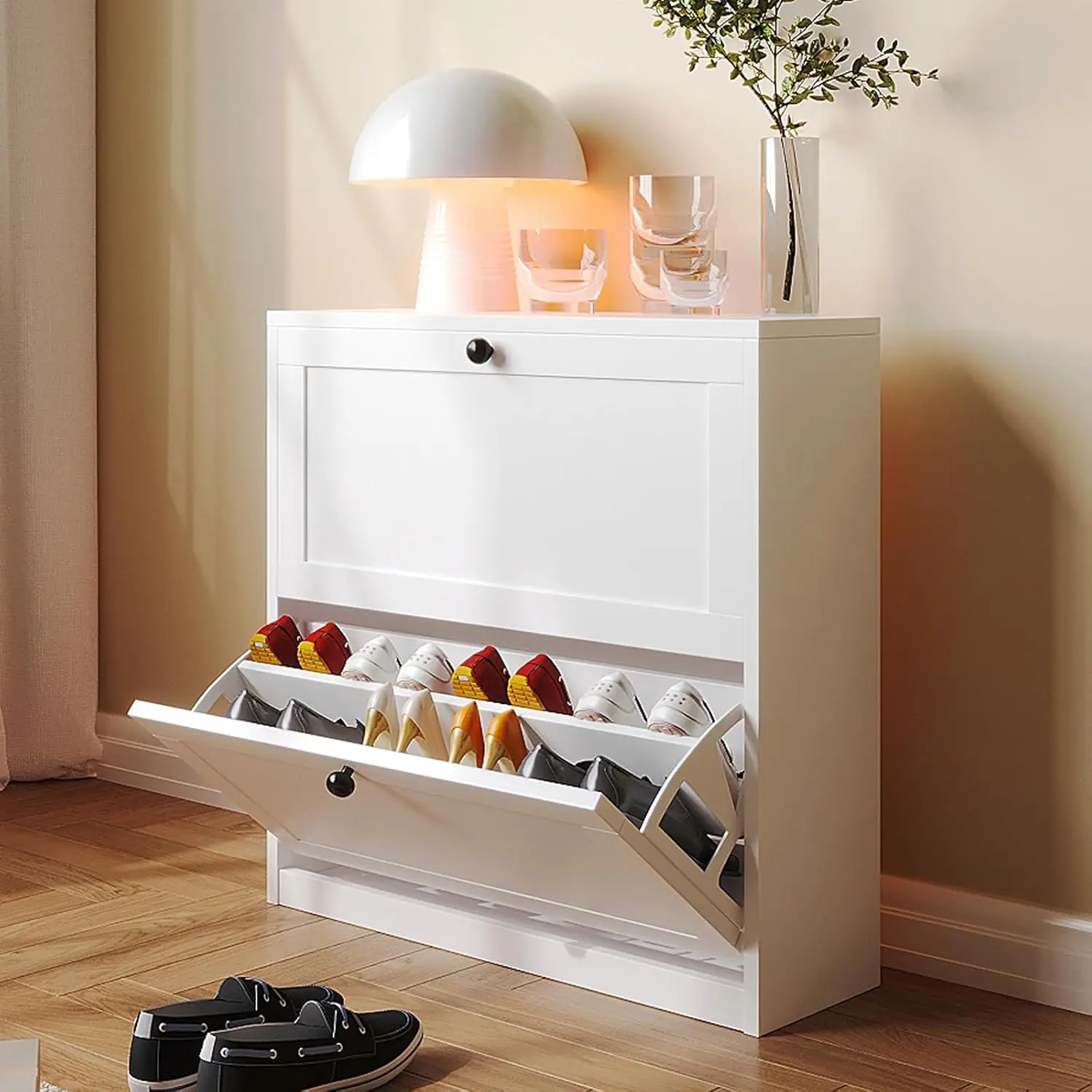

2-Drawer Flip-Top Shoe Cabinet Freestanding Adjustable Shelf Anti-Tip Entryway Hallway Living Room White Customized