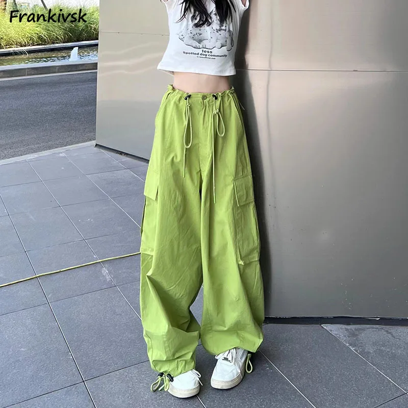 Cargo Pants Women Summer Pocket Loose American Style Retro Boyfriend All-match Simple Solid Trousers Students High Waist Soft