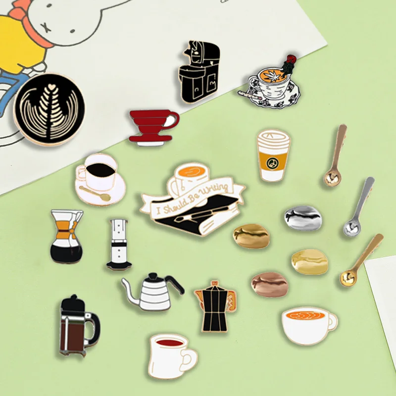 Pin de esmalte de colección de café para Barista Vintage, broches de té Rosa Latte Americano, Mini máquina de café, insignia de grano de café, joyería
