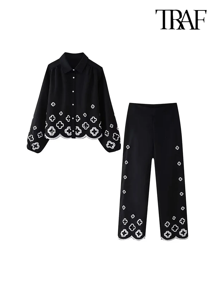 TRAF Women Fashion Retro Casual Printed Embroidery Set Single-breasted Lapel Suit + High-waisted Wide-legged Pants Two-piece Set