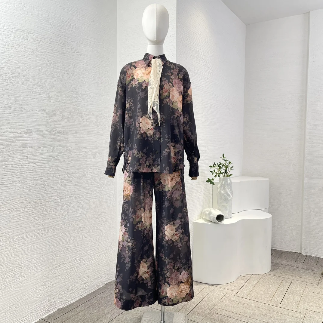 

Blouse Tops 2025 Set Grey White Floral Print Long Sleeve Pants