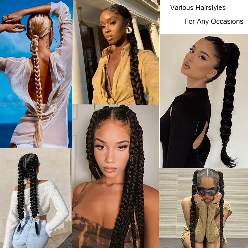 Synthetic Braided Ponytail Extensions With Elastic Band 24 Inch Fried Dough Twists Braid  Box Braided Hair Extensions For  Women