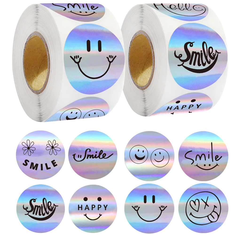 500Pcs/Roll Happy Yeah Funning Expression Laser Stickers 2.5cm/1.0inch DlY Adorn Gifts, Notebook, Kettle, Phone, Seal Labels