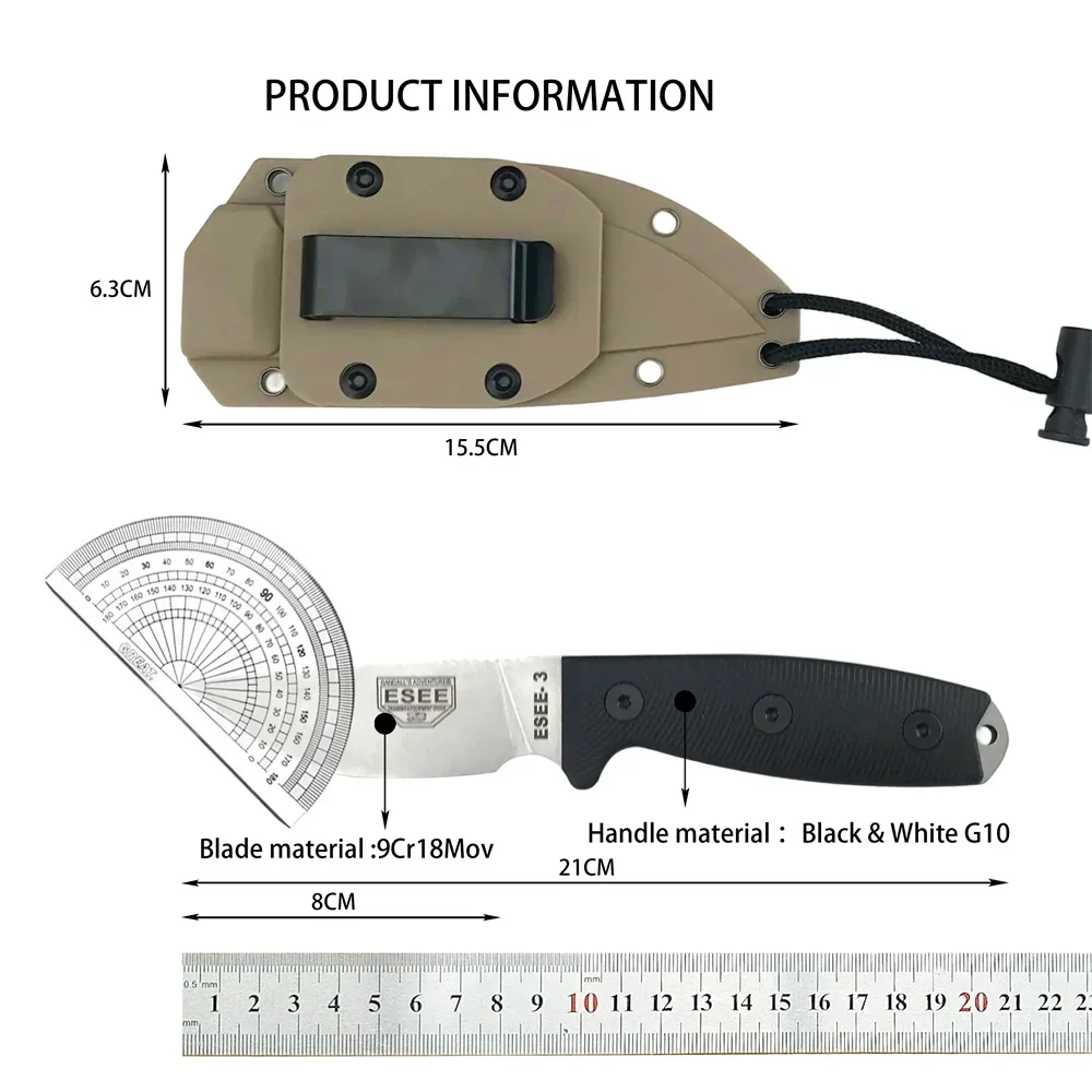 جديد ESEE-3 التكتيكية شفرة مثبتة سكين سكينة للاستعمال الخارجي "3.93" 9Cr18Mov بليد G10 مقبض EDC سكين جيب أدوات التخييم التنزه #6