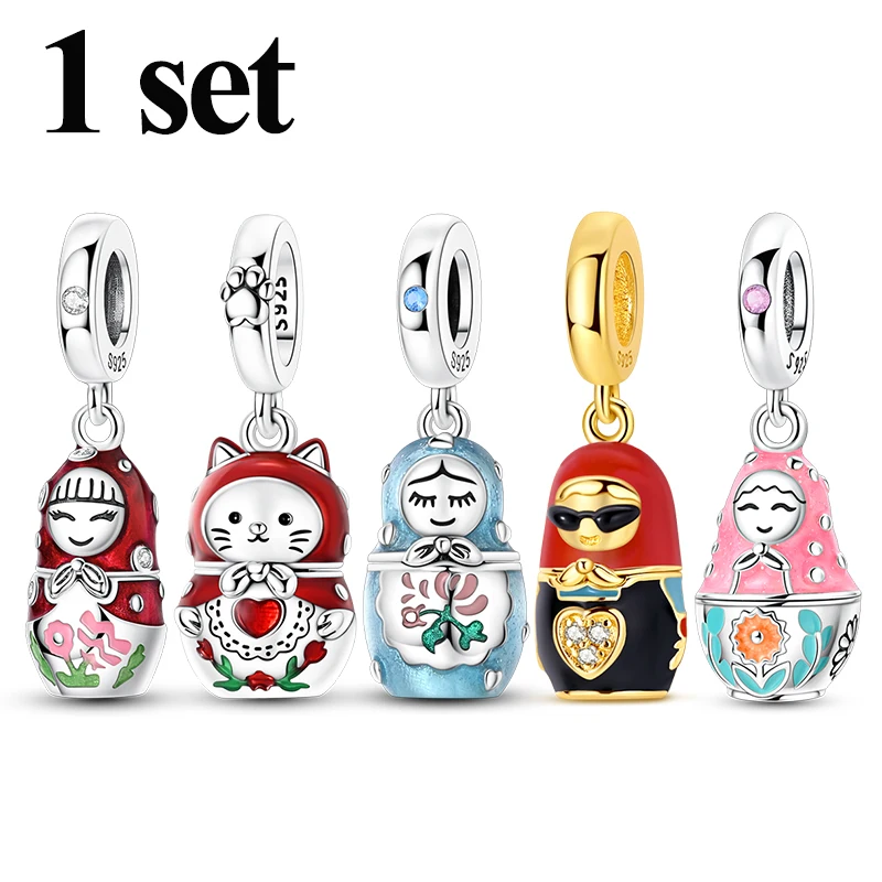 Original 925 Sterling Silver Set Charms Openable Closable Heart Nesting Doll Beaded Pendant Fit Bracelet DIY Women Jewelry Gift