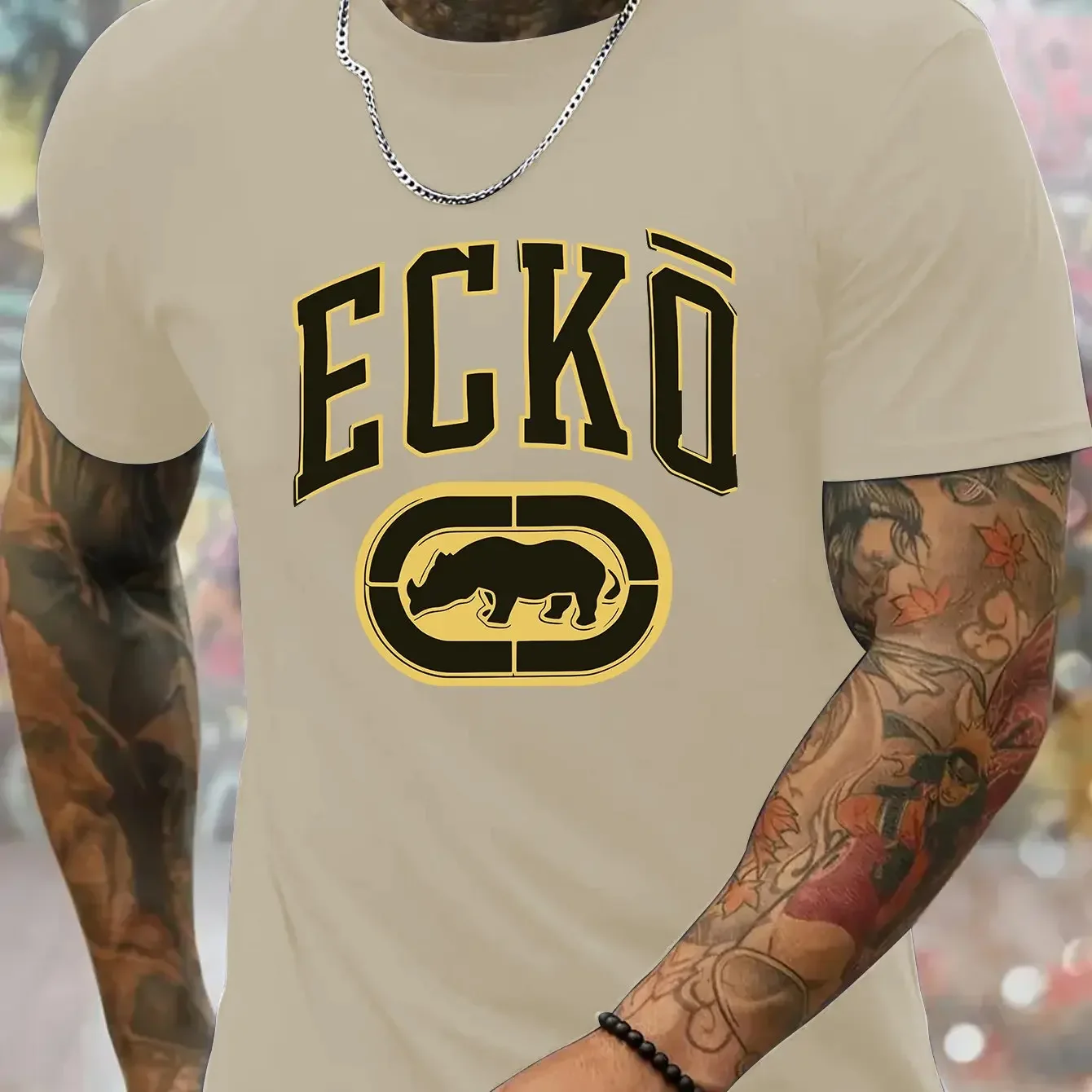 Men Ecko Varsity Arch Gold Outline Rhino Print T-Shirt Korea US Hot Retro College Crew Neck Hip Hop Cotton Tee