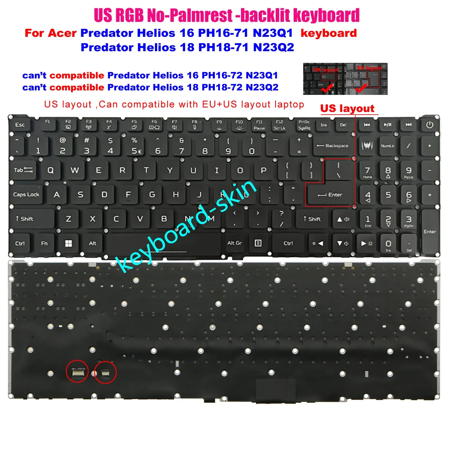 New US RGB colorful backlit without-Palmrest Keyboard for Acer Predator Helios 16 PH16-71 PH16-71-72YG Helios 18 PH18-71 laptop