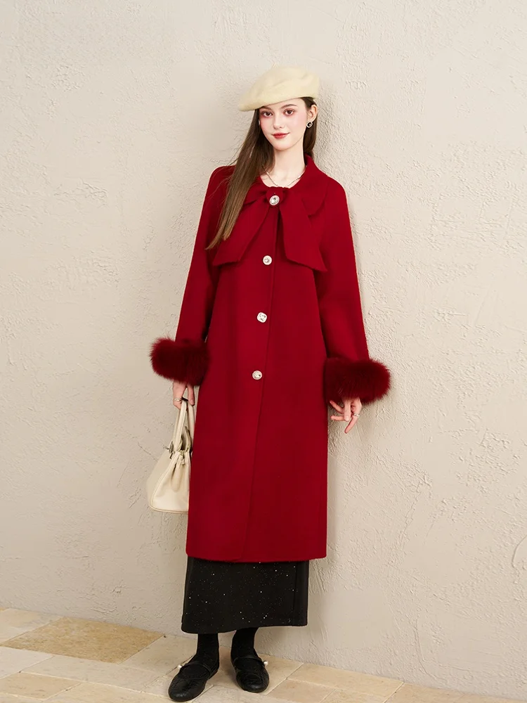 

Red Fur Sve Double-Faced Camere Coat Women's Luxury Wealthy Miss Sle Woolen Outerwear Warmth Long Sve Coat