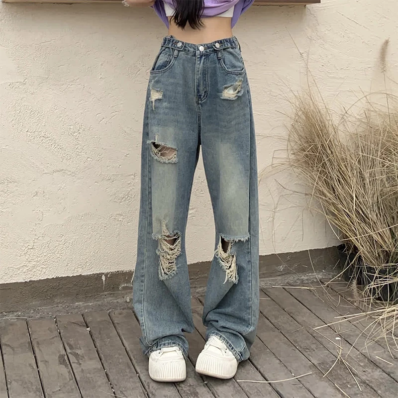

Retro Streetwear Hole Denim Pants Women High Waist Straight Loose Slmming Jeans 2025 New Fashion Wide Leg Dragging Long Trousers