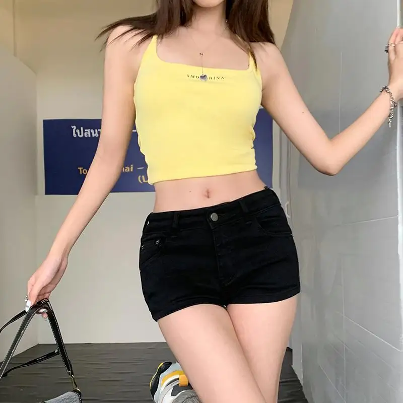 Black Low Waist Tight A-line Denim Shorts