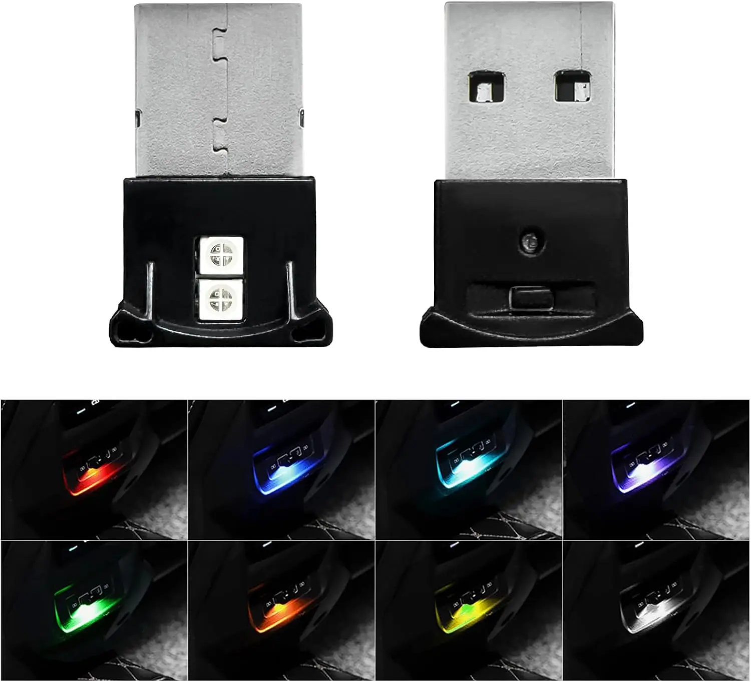2PCS Mini USB LED Light, 8 Colors RGB Car Interior Atmosphere Lamp, Adjustable Brightness for Laptop, Keyboard, Home Office Decoration