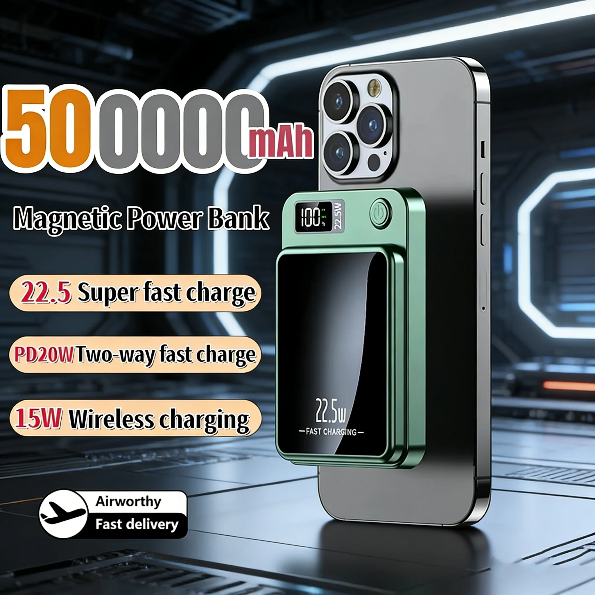 

Беспроводной магнитный внешний аккумулятор 500000 мАч 22.5 Вт для быстрой зарядки, универсальное зарядное устройство для Huawei, Samsung, iPhone, PD 20 Вт