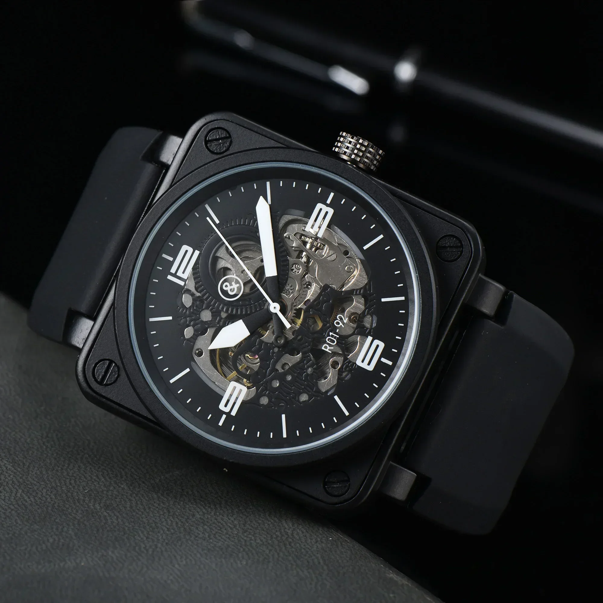 ساعة ميكانيكية أوتوماتيكية للرجال جرس جلد بني أسود روس مطاط 46 ملم مجوفة AAA قرص كبير ساعة رجالية