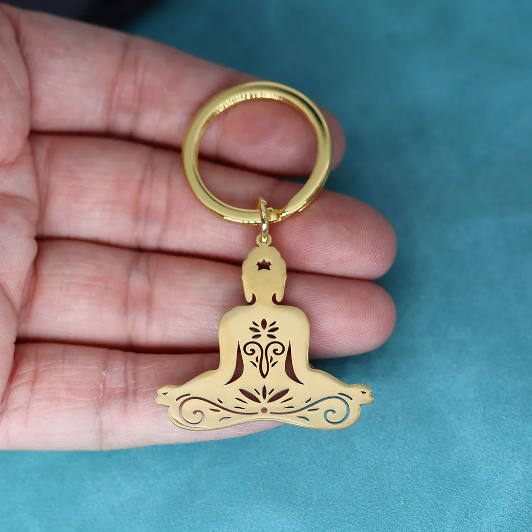 Nedar البوذية اليوغا قلادة كيرينغ للنساء الفولاذ المقاوم للصدأ مجوهرات هدية المفاتيح Amaste زن شقرا لوتس التأمل مفتاح سلسلة