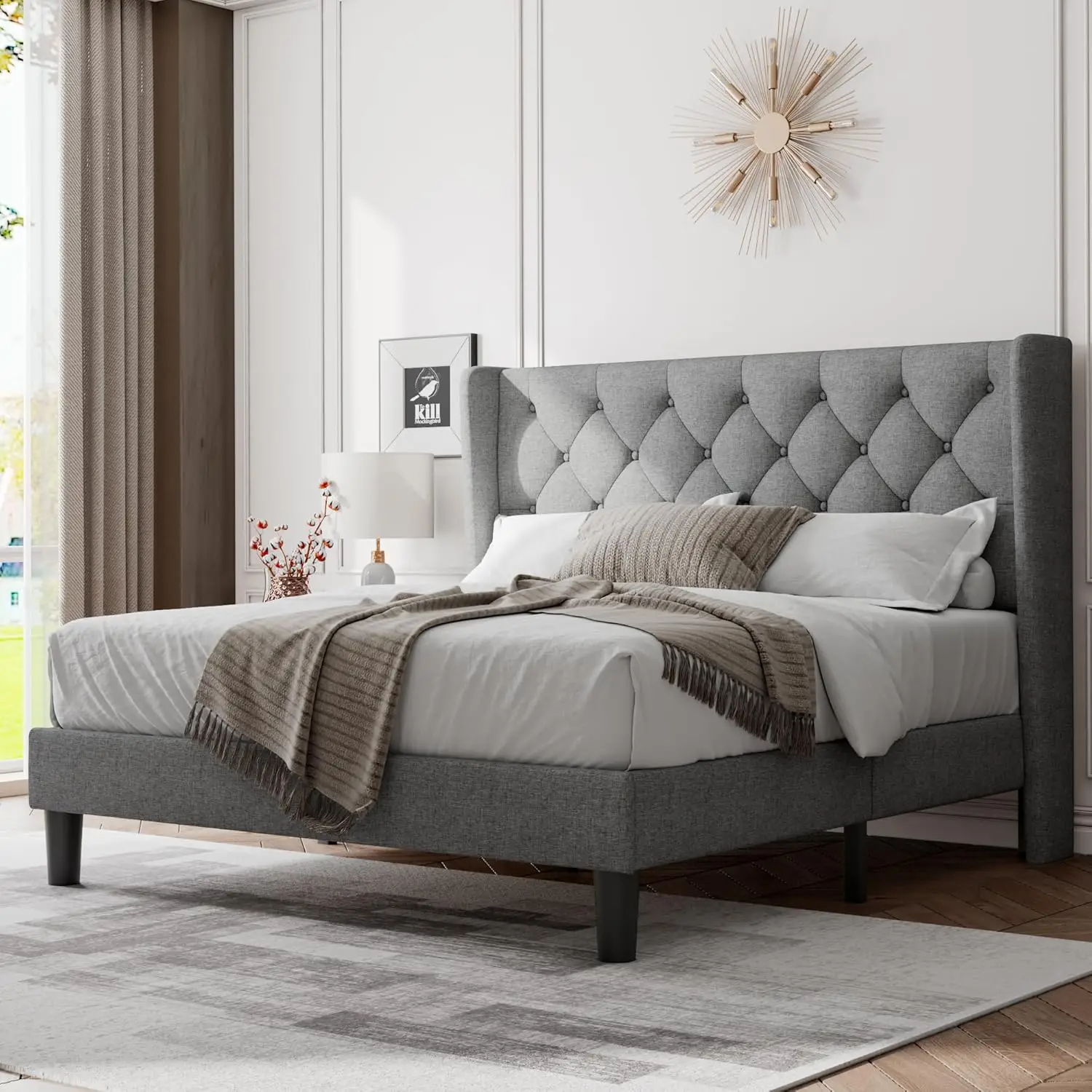 

Queen Bed Frame with Upholstered Wingback Headboard, Platform Bed and Heavy Duty Wooden Slats Support, Easy Assembly, No