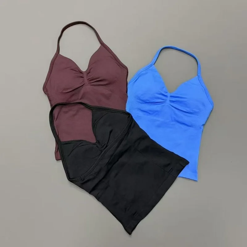 Women Gym Workout Tank Top Halter Neck With Built-in Shelf Bra V Neck Seamless Slim Fit Longline Yoga Top For Running Fitness image 4