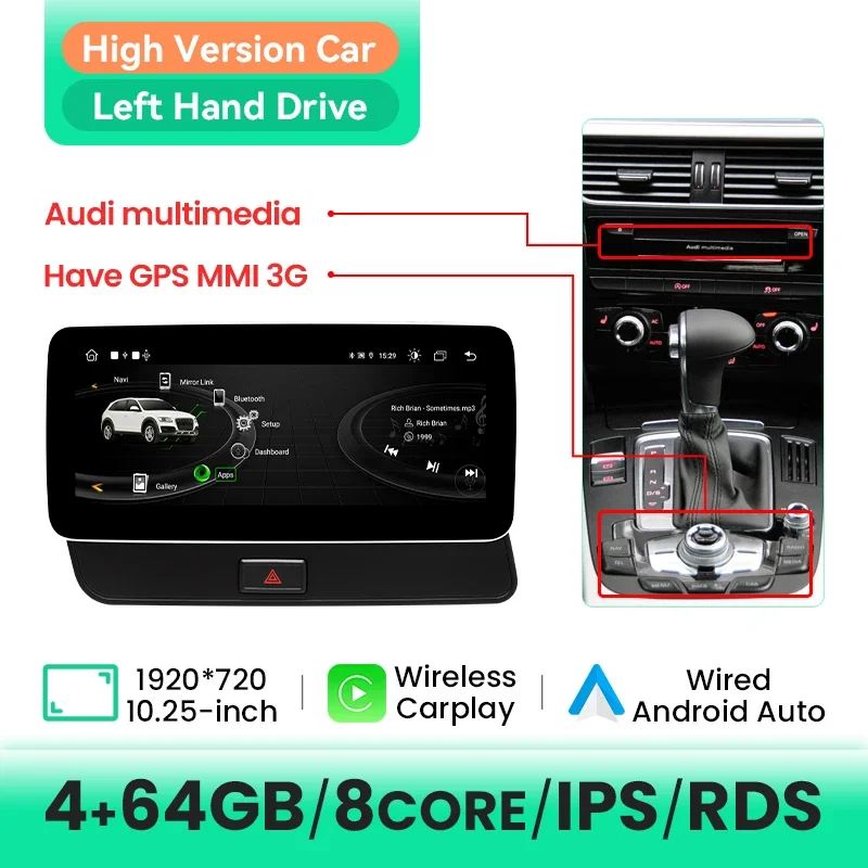 Draadloze Carplay Auto Multimedia Voor Audi Q5 2009-2016 AI Voice Android Auto WIFI 4G SIM IPS Scherm BT GPS 8Core 6GB 128GB Stereo