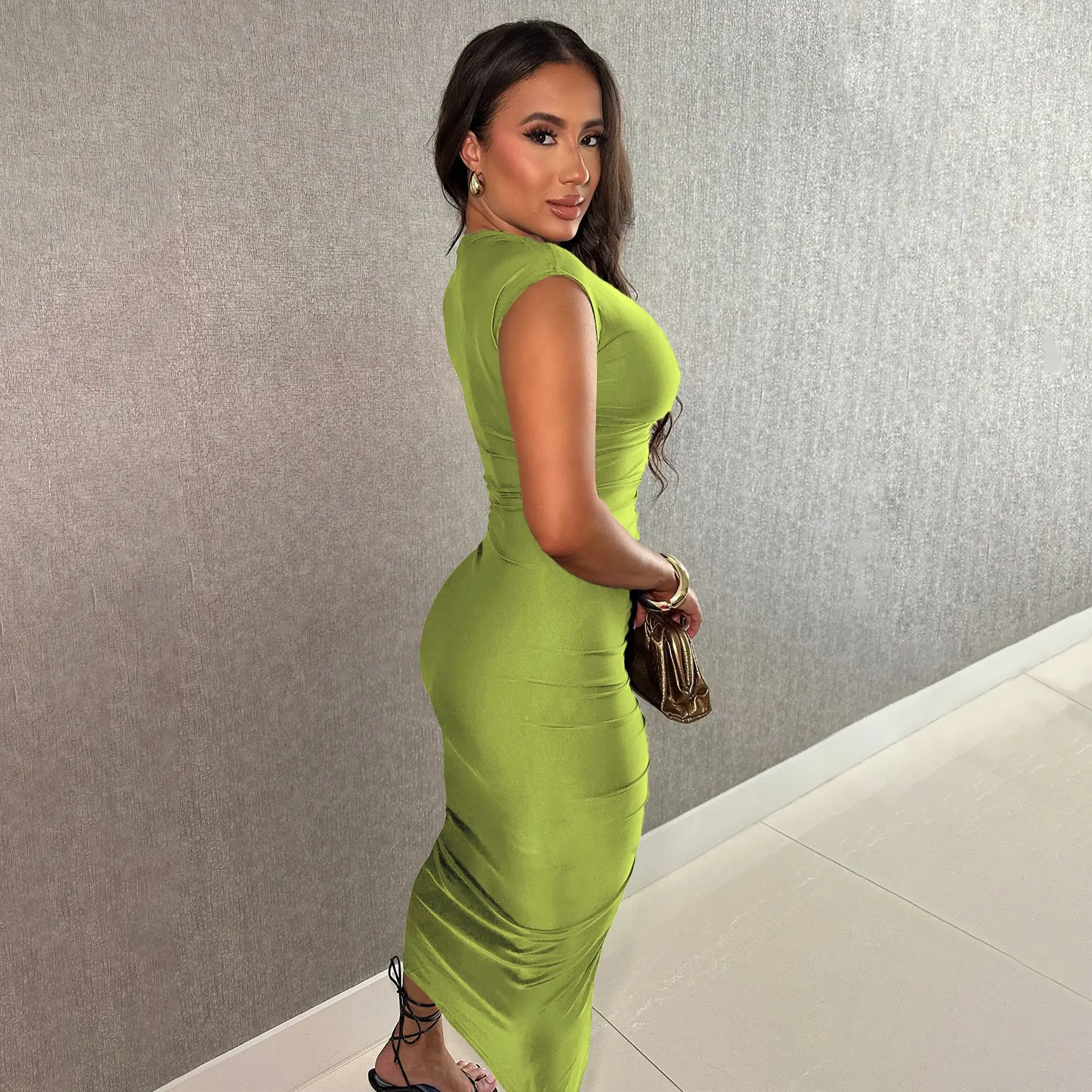 Summer V-neck Ruched Stacked Midi Dress Women Sleeveless Bodycon Sexy Night Evening Party Bandage Dresses Vestidos