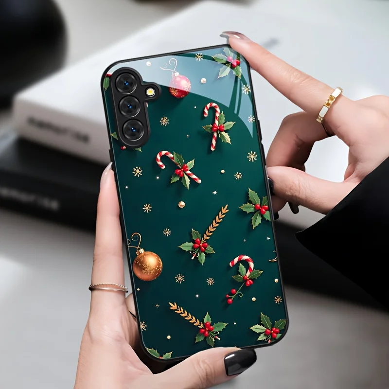Christmas decoration pattern black glass phone case  for Samsung Galaxy S26 S25 S24 S23 S22 S20 FE/Ultra/Plus anti drop Cover