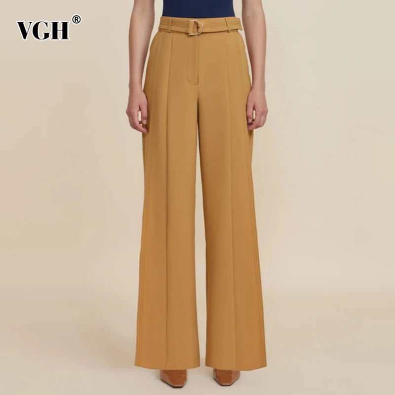 VGH Solid Patchwork Belt Minimalist Trousers For Women High Waist Spliced Pocket Casual Loose Wide Leg Pants Female Fashion New