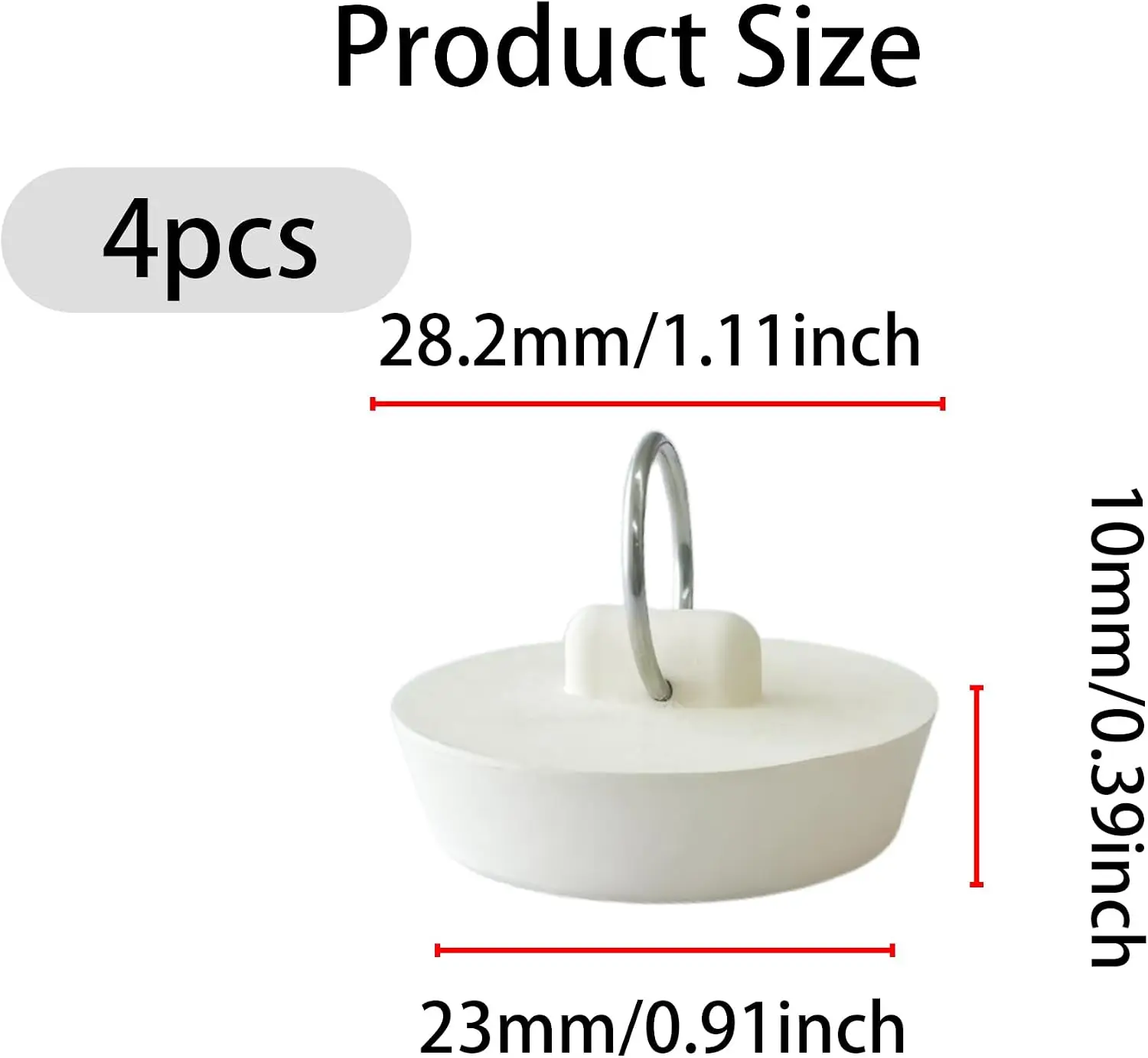 Universal White Rubber Drain Stoppers for Bathtubs and Sinks, 4-Pack, Fit Drain Openings from 1 Inch to 1-1/8 Inches, Stainless Steel Hanging Rings Included, for Kitchen and Bathroom Use - view 2