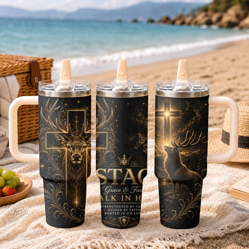 Christ Cross Eagle Deer Lion Wolf Vacuum Flasks 40oz Thermal Tumbler Handle Stainless Steel Insulated Water Portable Mug Cup