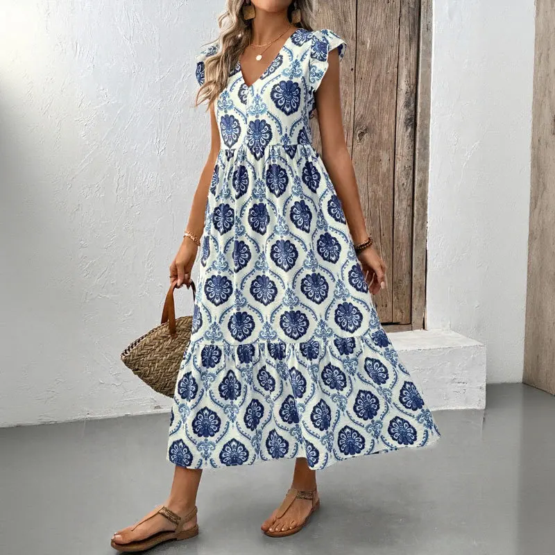 

European and American Fashion New Women's Printed Dress French Holiday Style Loose Deep V-neck Long Dress Casual Maxi Dress