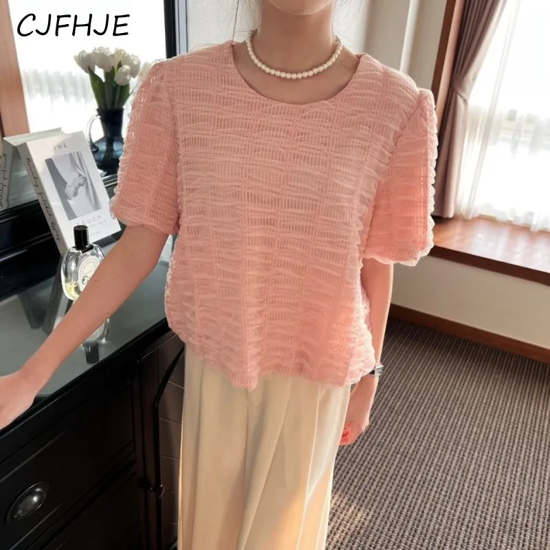 

CJFHJE Summer New Women's Round Neck Heavy Industry Lace Mesh Top Korean Fashion Sweet Casual Women Solid Short Sleeved T-shirt