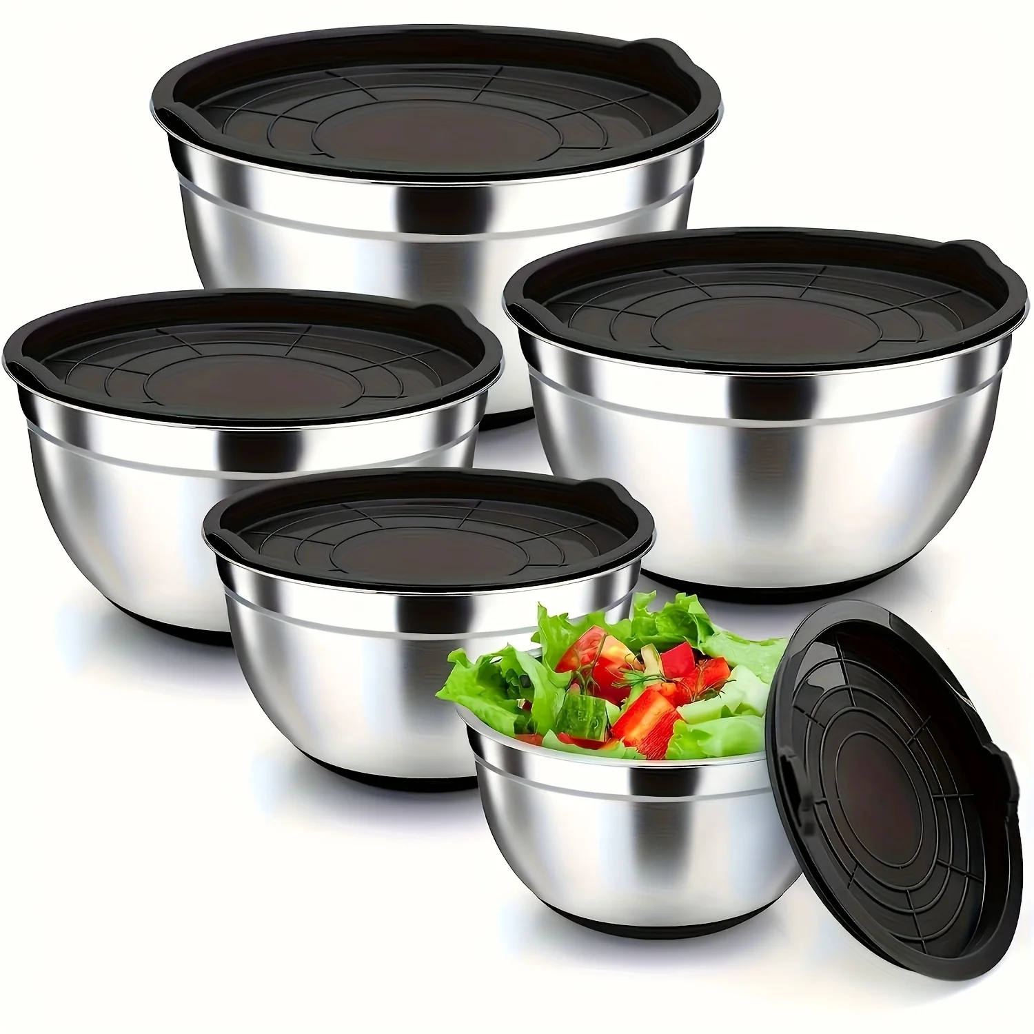 6PCS Silicone Bottom Thickened With Lid Mixing Bowls Cooking Basin Stainless Steel Egg Beating Basin Salad Basin Kitchen Baking