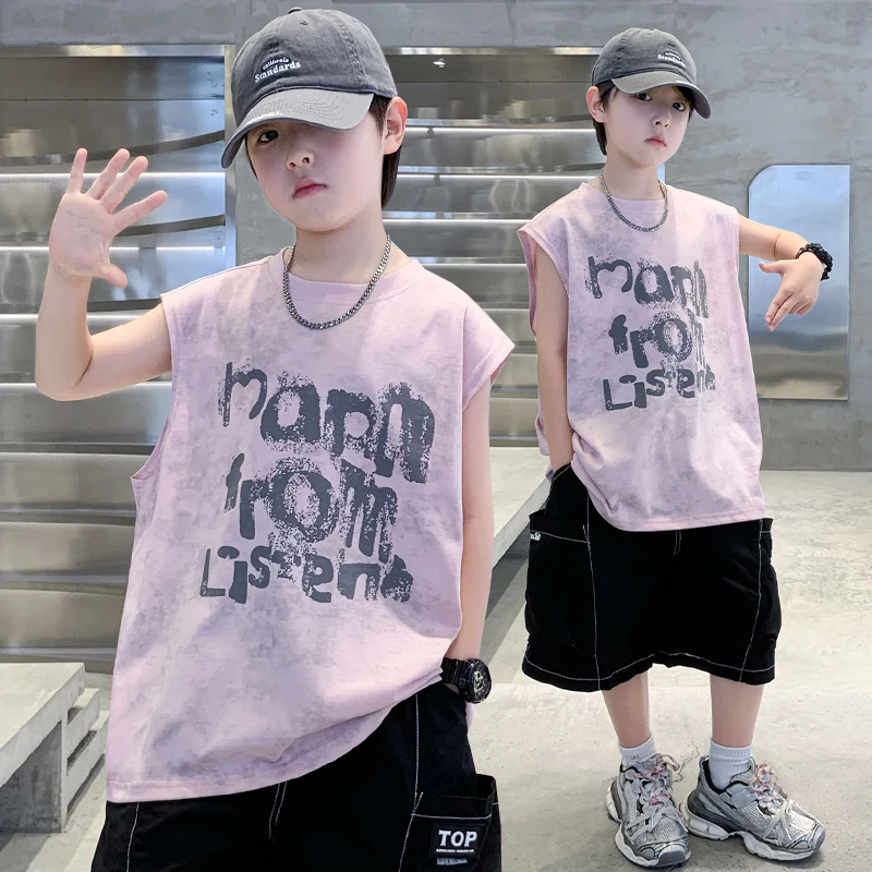 

2025 New Summer Boy Sleeveless T-Shirt with Drawings Korean Child Casual Tshirt Letter Print O-Neck Clothes Kids Tees Tops 5-14T
