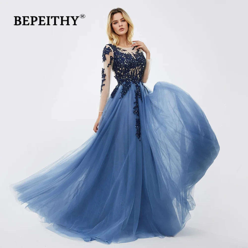 BEPEITHY Customized Blue Appliques Beading Evening Dress Lace O-neck Prom Dresses 2023 A-line Full Sleeves Formal Occasion Dress